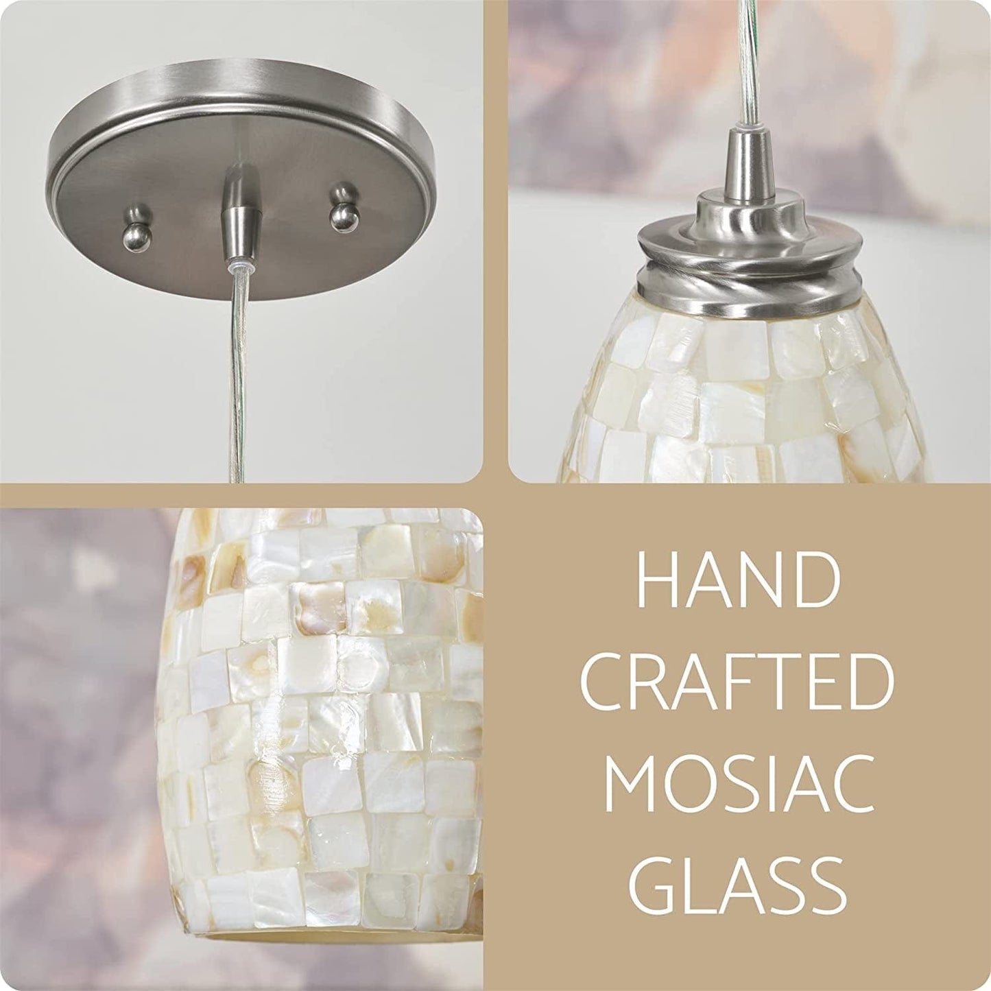 Coast 9" Modern Oval Mini Pendant Light + Hand-Crafted Mosaic Sea Shell Glass, Brushed Nickel Finish/Neutral Color