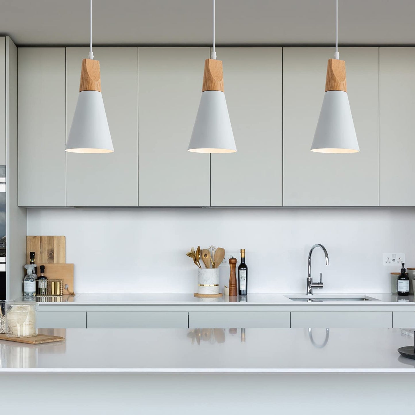 Modern Pendant Lighting for Kitchen Island 3-Pack Small Nordic Pendant Light White and Wood Pendant Light Minimalist Farmhouse Pendant Lighting for Kitchen Sink Dining Room Counter Bar Bedroom 5"