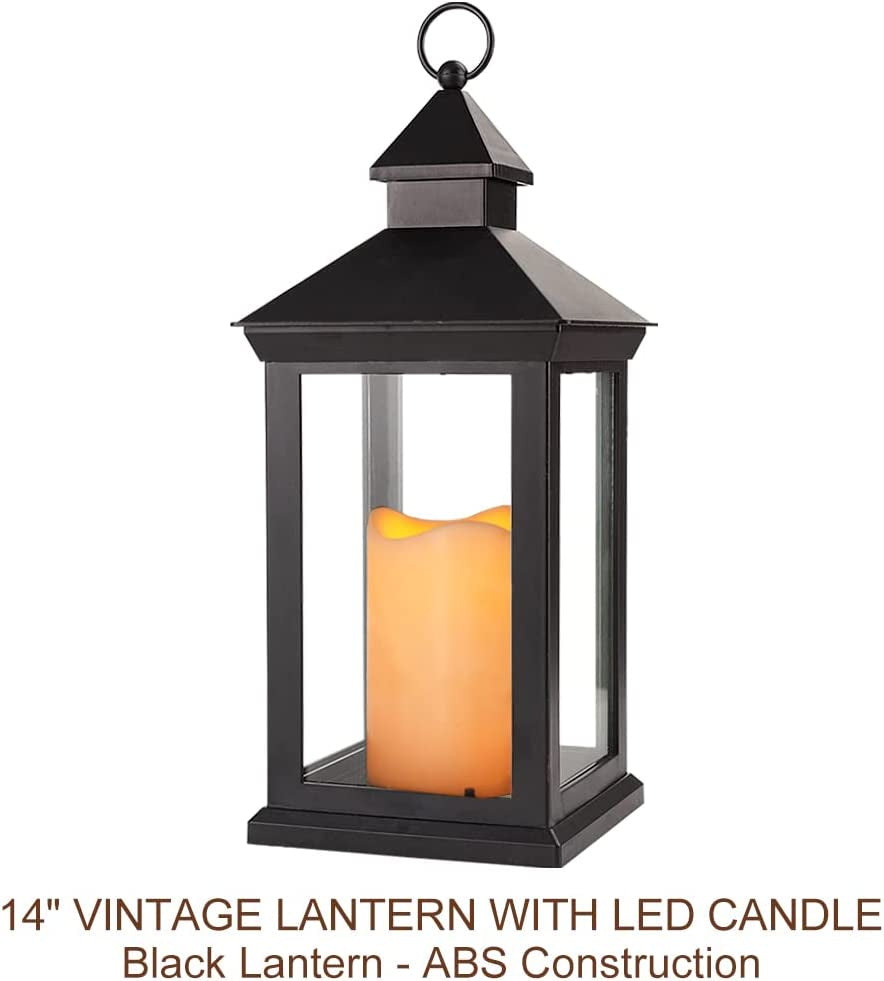 Bright Zeal 2-Pack 14" Decorative Candle Lantern Black Outdoor Lanterns with Timer Candles - IP44 Waterproof Vintage Lanterns Battery Powered LED Decorative for Wedding - Hanging Wall Lanterns Indoor