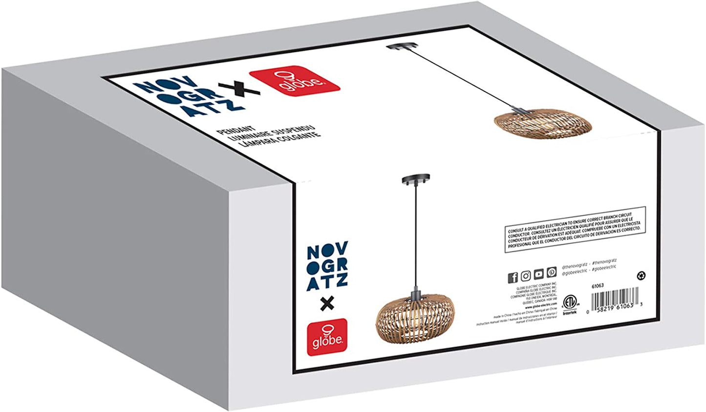 61063 1-Light Pendant Light, Rattan Shade, Black Socket, Black Fabric Hanging Cord, Home Décor Lighting, Adjustable Height, Light Fixture Ceiling Hanging, Pendant Light Fixture