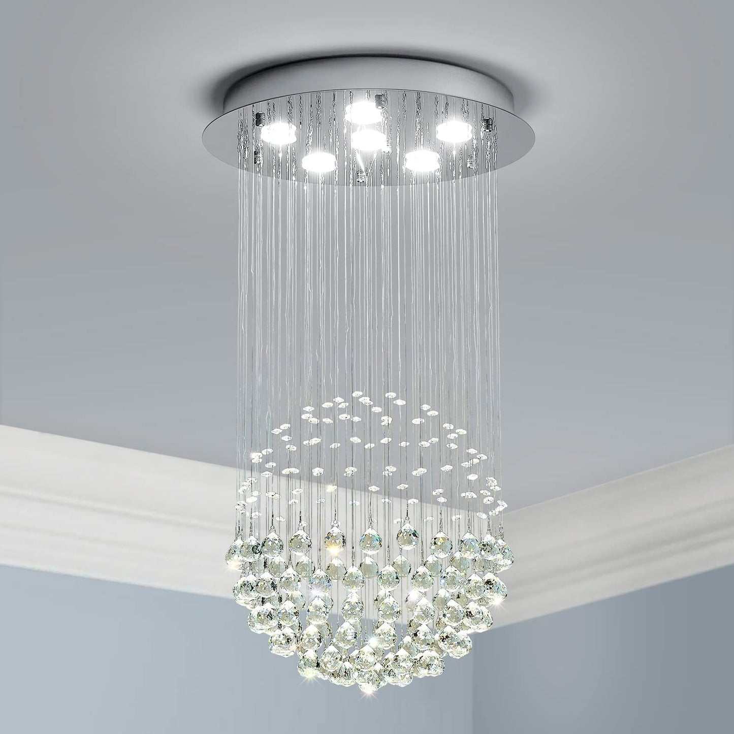 Saint Mossi Chandelier Modern K9 Crystal Raindrop Chandelier Lighting Flush Mount LED Ceiling Light Fixture Pendant Lamp for Dining Room Bathroom Bedroom Livingroom 6 GU10 LED Bulbs Required H32 X D18