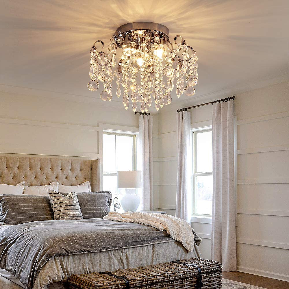 Q&S Small Crystal Chandelier Flush Mount Ceiling Light 3 Lights Modern Chrome Iron Raindrop Crystal Ceiling Fixture for Bedroom Hallway Closet Entryway Stairs