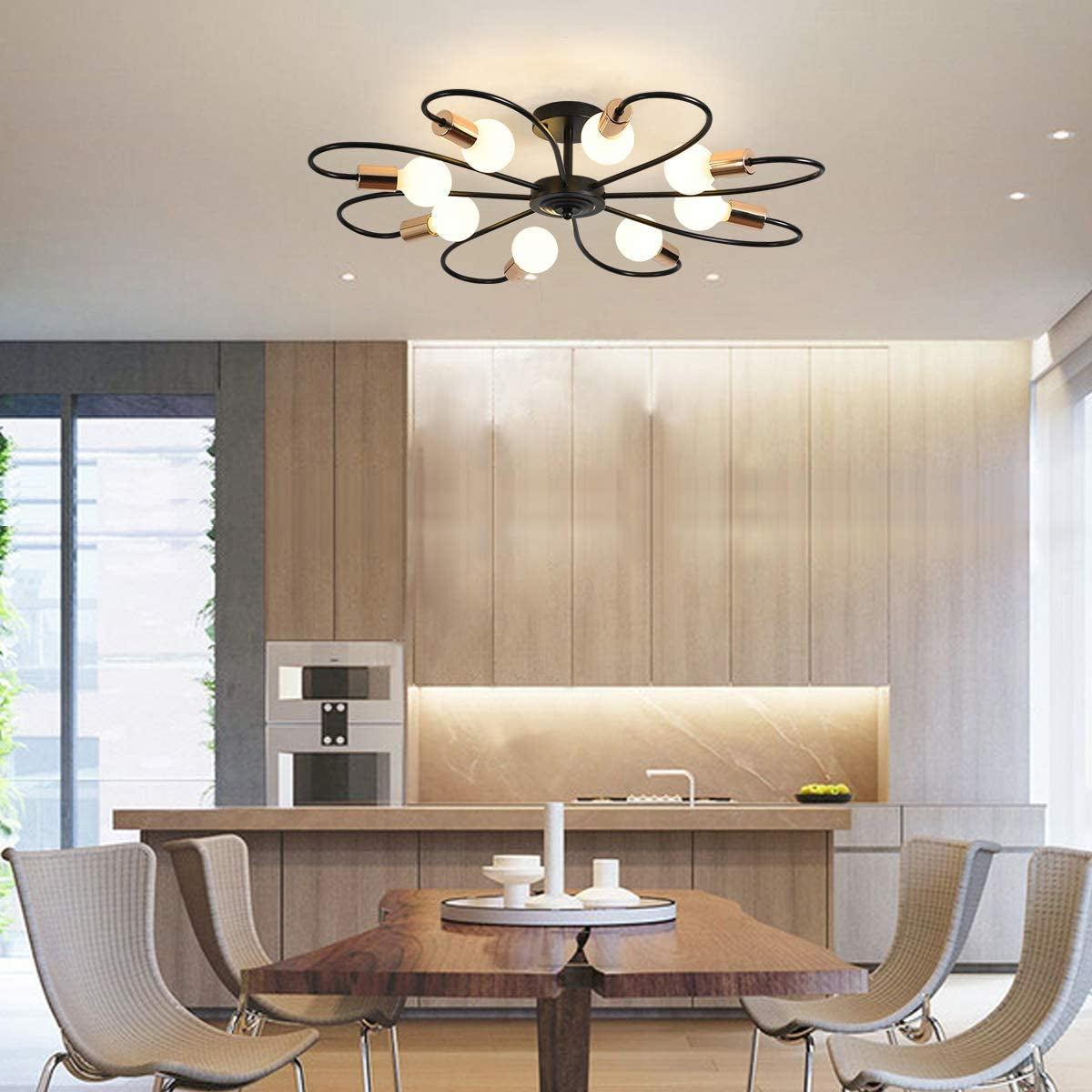 8-Light Semi Flush Ceiling Light, Modern Sputnik Chandeliers Mid-Century Metal Pendant Lighting, Industrial Vintage Ceiling Lamp Fixture for Kitchen Dining Living Room Bedroom(Black&Gold)