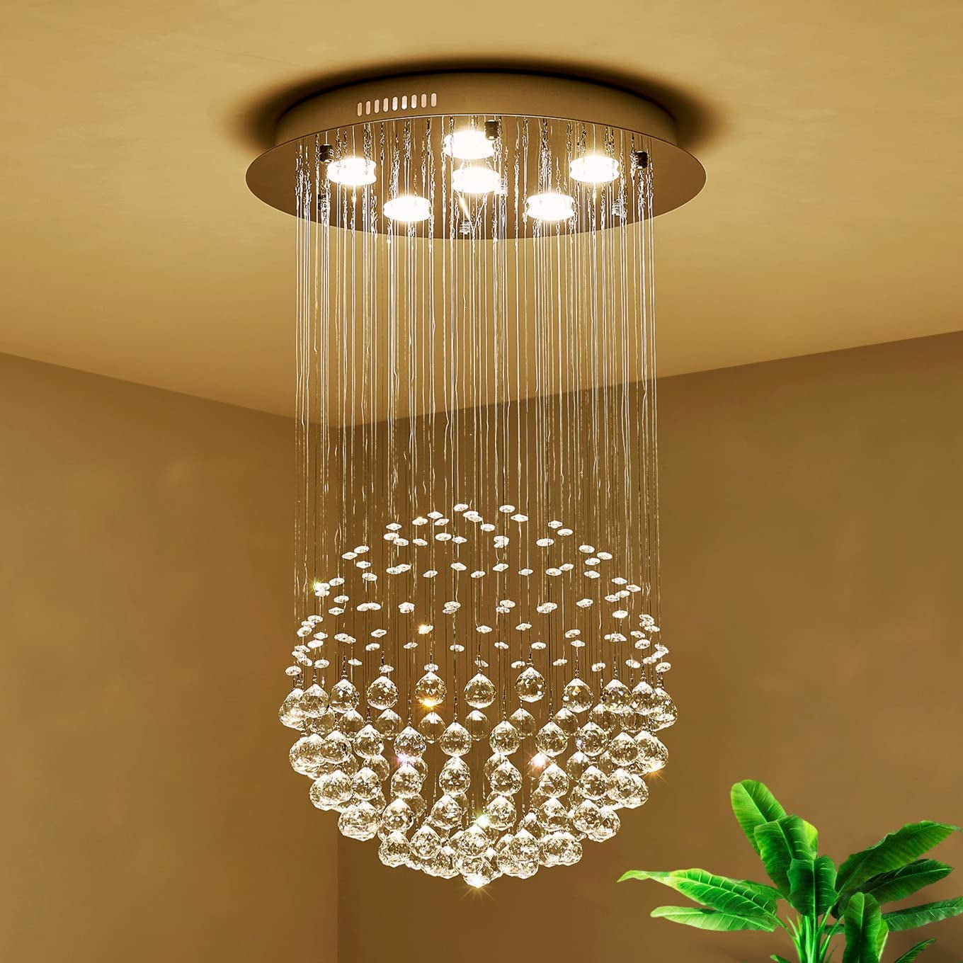 Saint Mossi Chandelier Modern K9 Crystal Raindrop Chandelier Lighting Flush Mount LED Ceiling Light Fixture Pendant Lamp for Dining Room Bathroom Bedroom Livingroom 6 GU10 LED Bulbs Required H32 X D18