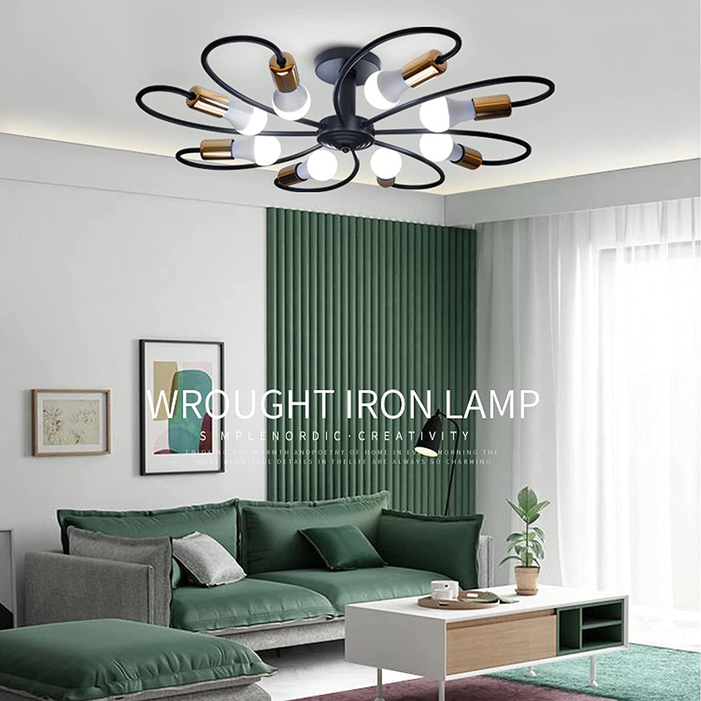 8-Light Semi Flush Ceiling Light, Modern Sputnik Chandeliers Mid-Century Metal Pendant Lighting, Industrial Vintage Ceiling Lamp Fixture for Kitchen Dining Living Room Bedroom(Black&Gold)