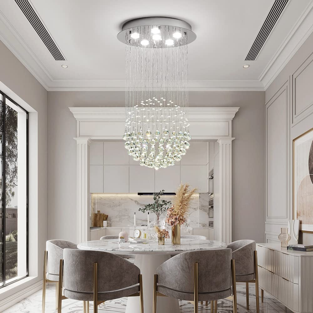 Saint Mossi Chandelier Modern K9 Crystal Raindrop Chandelier Lighting Flush Mount LED Ceiling Light Fixture Pendant Lamp for Dining Room Bathroom Bedroom Livingroom 6 GU10 LED Bulbs Required H32 X D18