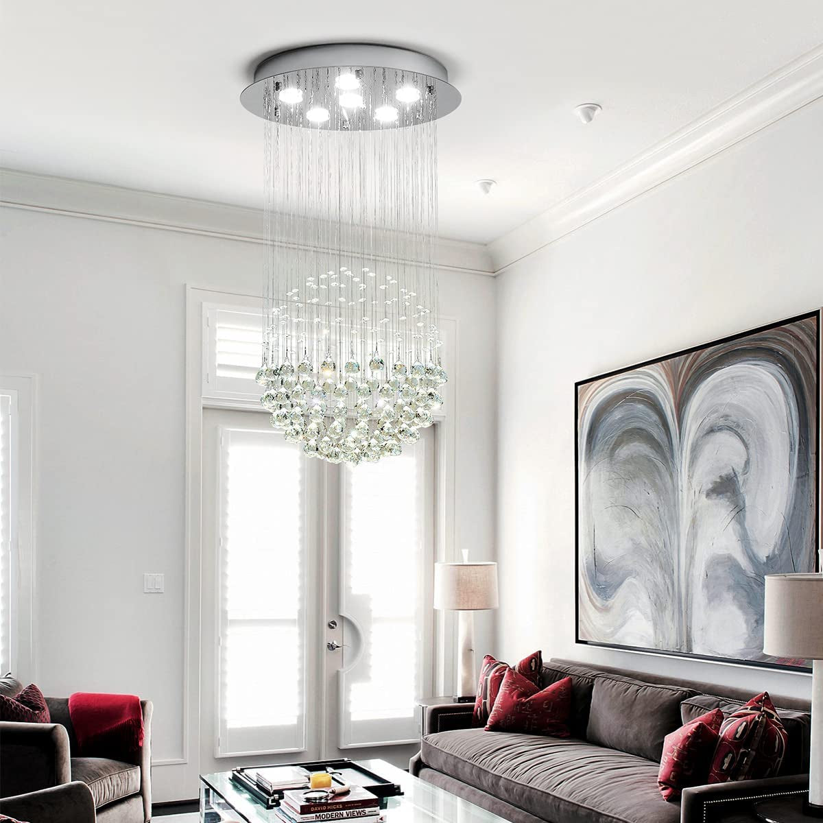 Saint Mossi Chandelier Modern K9 Crystal Raindrop Chandelier Lighting Flush Mount LED Ceiling Light Fixture Pendant Lamp for Dining Room Bathroom Bedroom Livingroom 6 GU10 LED Bulbs Required H32 X D18