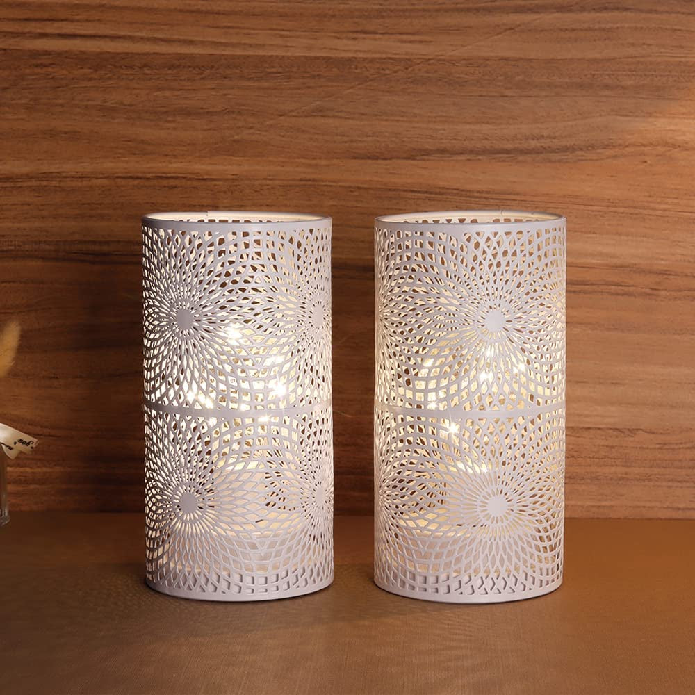 Set of 2 White Table Metal Lamp Battery Powered Cordless Accent Light with Edison Style Bulb Battery Operated Great for Weddings Parties Patio Events for Indoors Outdoors