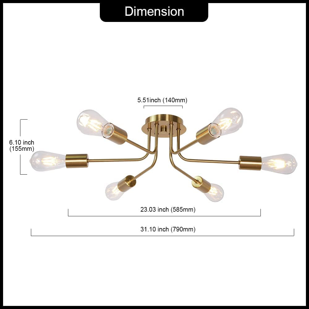 Mid Century Modern Ceiling Lighting Industrial Semi Flush Mount Light Fixture Brushed Brass 6 Light Sputnik Chandelier for Kitchen Dining Room Bedroom Living Room Foyer