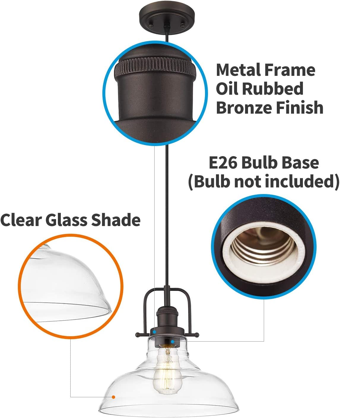 Vintage Pendant Lighting, Farmhouse Schoolhouse Hanging Light Fixture with Adjustable Height, Clear Glass Shade, Oil Rubbed Bronze Finish, 4FY09-MP ORB