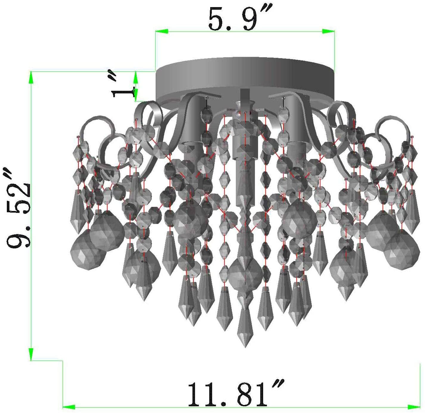 Q&S Small Crystal Chandelier Flush Mount Ceiling Light 3 Lights Modern Chrome Iron Raindrop Crystal Ceiling Fixture for Bedroom Hallway Closet Entryway Stairs