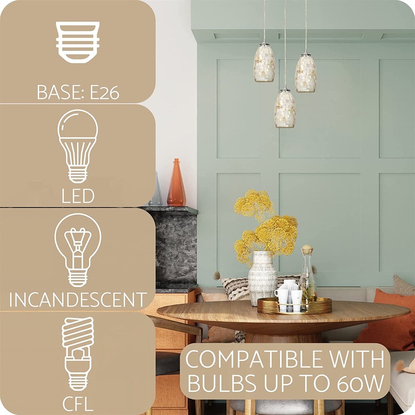 Coast 9" Modern Oval Mini Pendant Light + Hand-Crafted Mosaic Sea Shell Glass, Brushed Nickel Finish/Neutral Color
