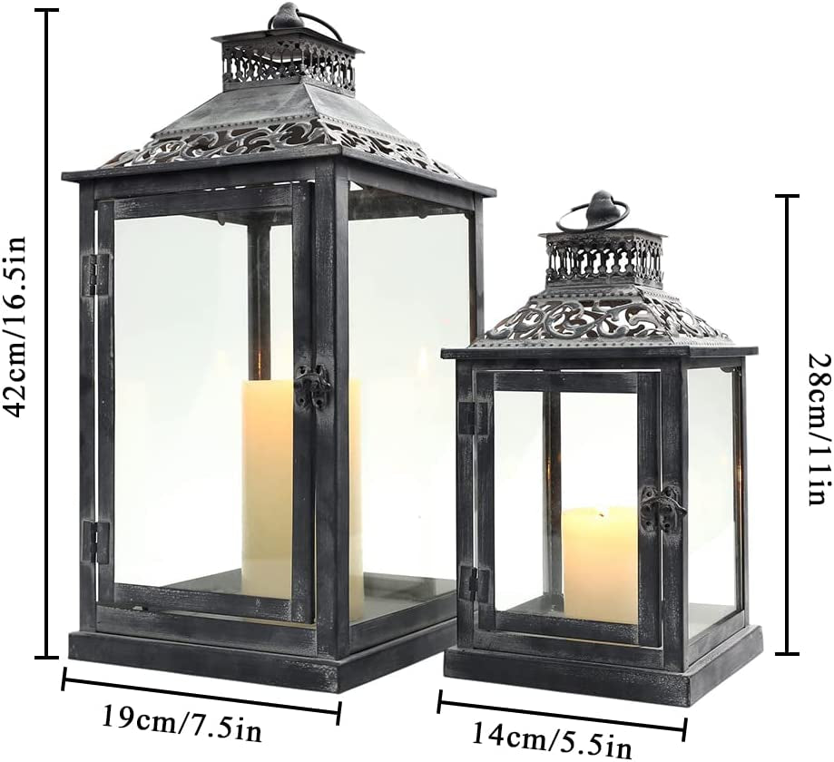 Set of 2 Antique Grey Brush Decorative Lanterns Metal Candle Lanterns for Indoor Outdoor Events Paritie and Weddings Vintage Style Hanging Lantern(With Glass)
