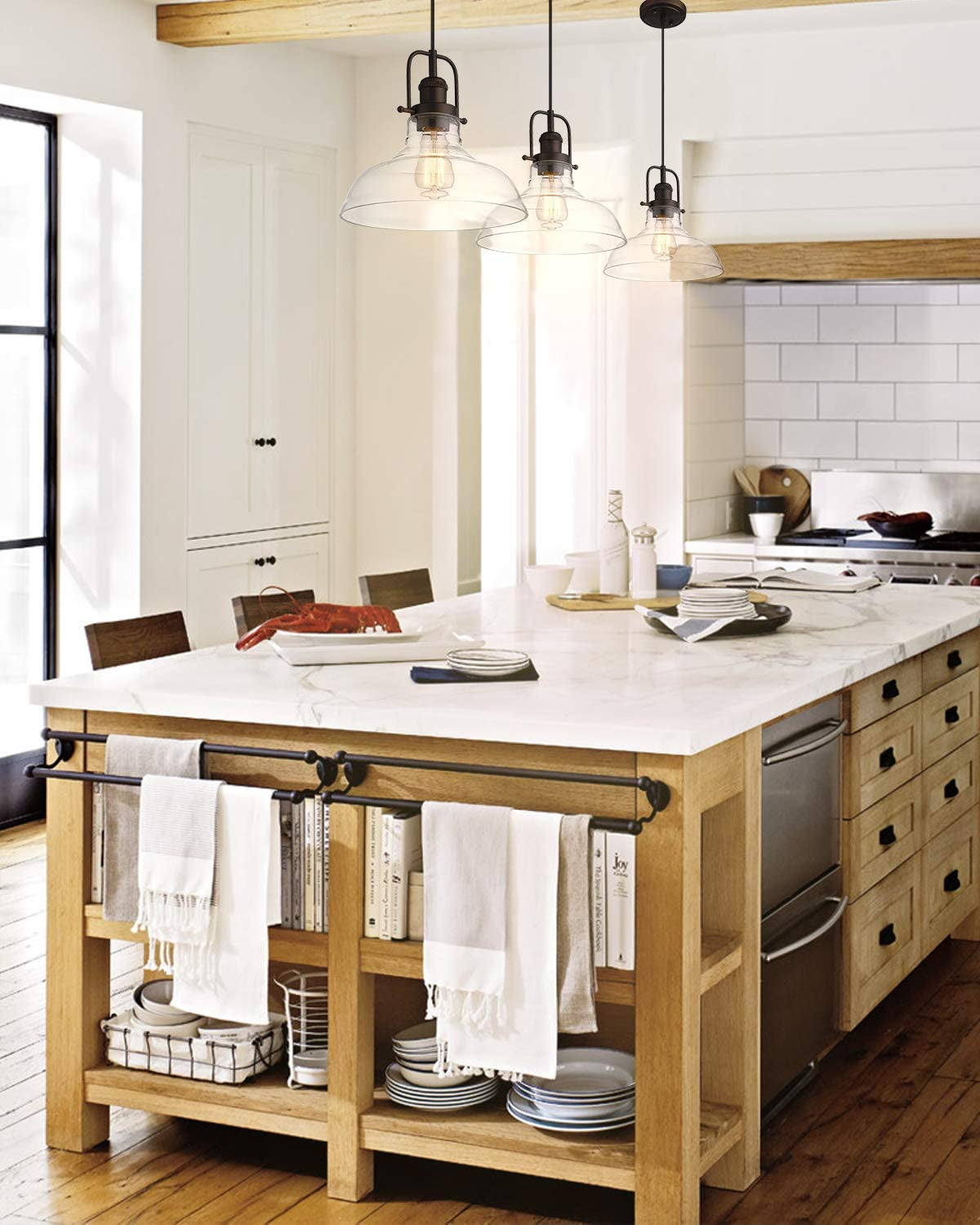 Vintage Pendant Lighting, Farmhouse Schoolhouse Hanging Light Fixture with Adjustable Height, Clear Glass Shade, Oil Rubbed Bronze Finish, 4FY09-MP ORB