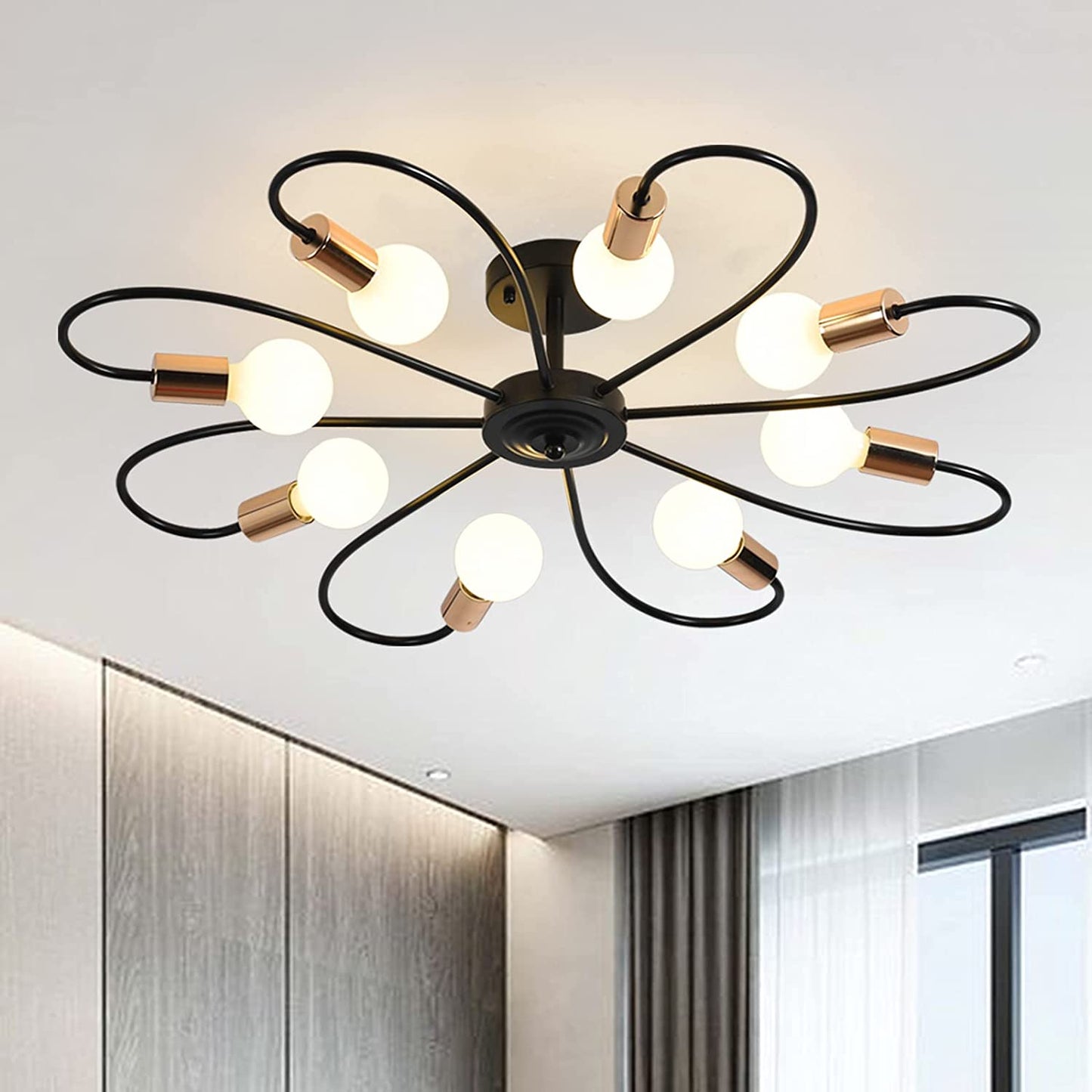 8-Light Semi Flush Ceiling Light, Modern Sputnik Chandeliers Mid-Century Metal Pendant Lighting, Industrial Vintage Ceiling Lamp Fixture for Kitchen Dining Living Room Bedroom(Black&Gold)