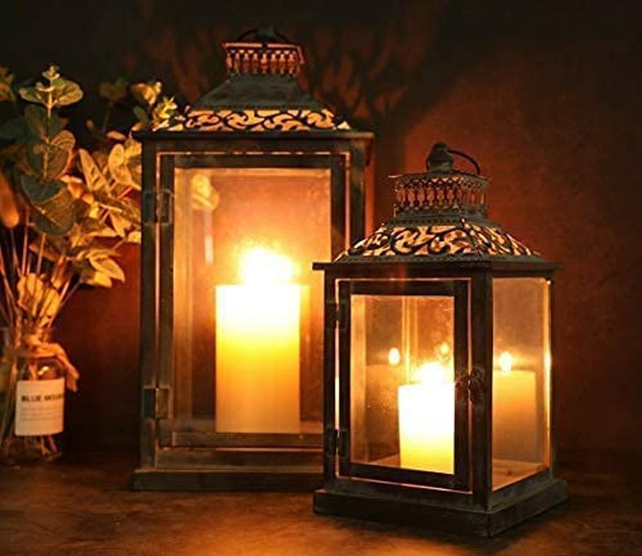 Set of 2 Antique Grey Brush Decorative Lanterns Metal Candle Lanterns for Indoor Outdoor Events Paritie and Weddings Vintage Style Hanging Lantern(With Glass)
