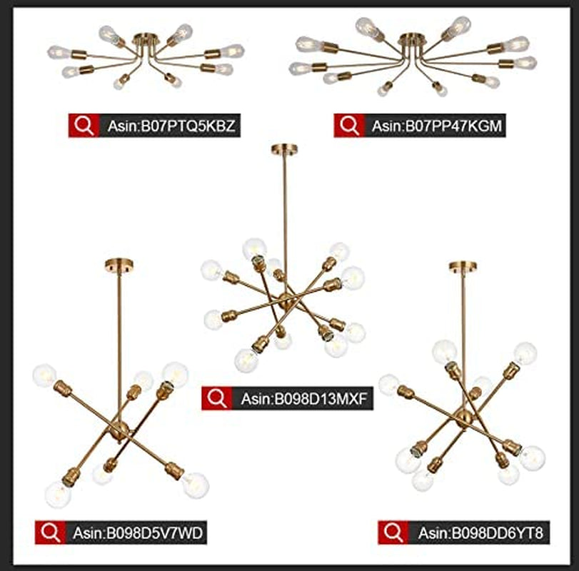 Mid Century Modern Ceiling Lighting Industrial Semi Flush Mount Light Fixture Brushed Brass 6 Light Sputnik Chandelier for Kitchen Dining Room Bedroom Living Room Foyer