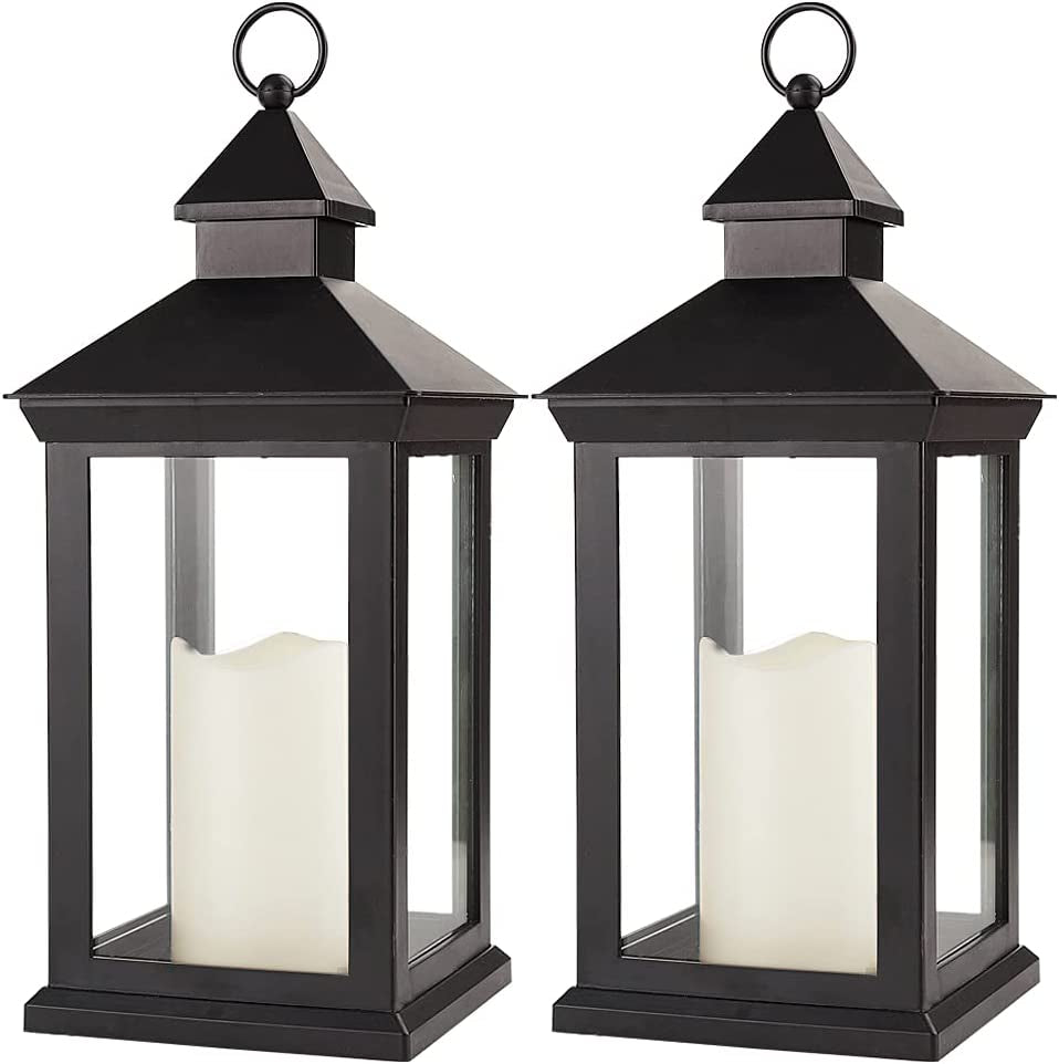 Bright Zeal 2-Pack 14" Decorative Candle Lantern Black Outdoor Lanterns with Timer Candles - IP44 Waterproof Vintage Lanterns Battery Powered LED Decorative for Wedding - Hanging Wall Lanterns Indoor