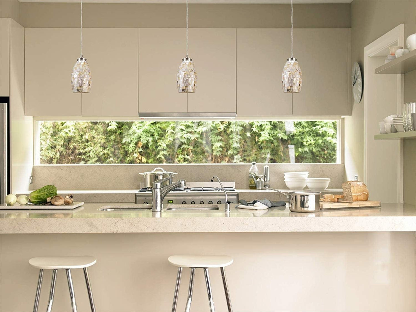 Coast 9" Modern Oval Mini Pendant Light + Hand-Crafted Mosaic Sea Shell Glass, Brushed Nickel Finish/Neutral Color