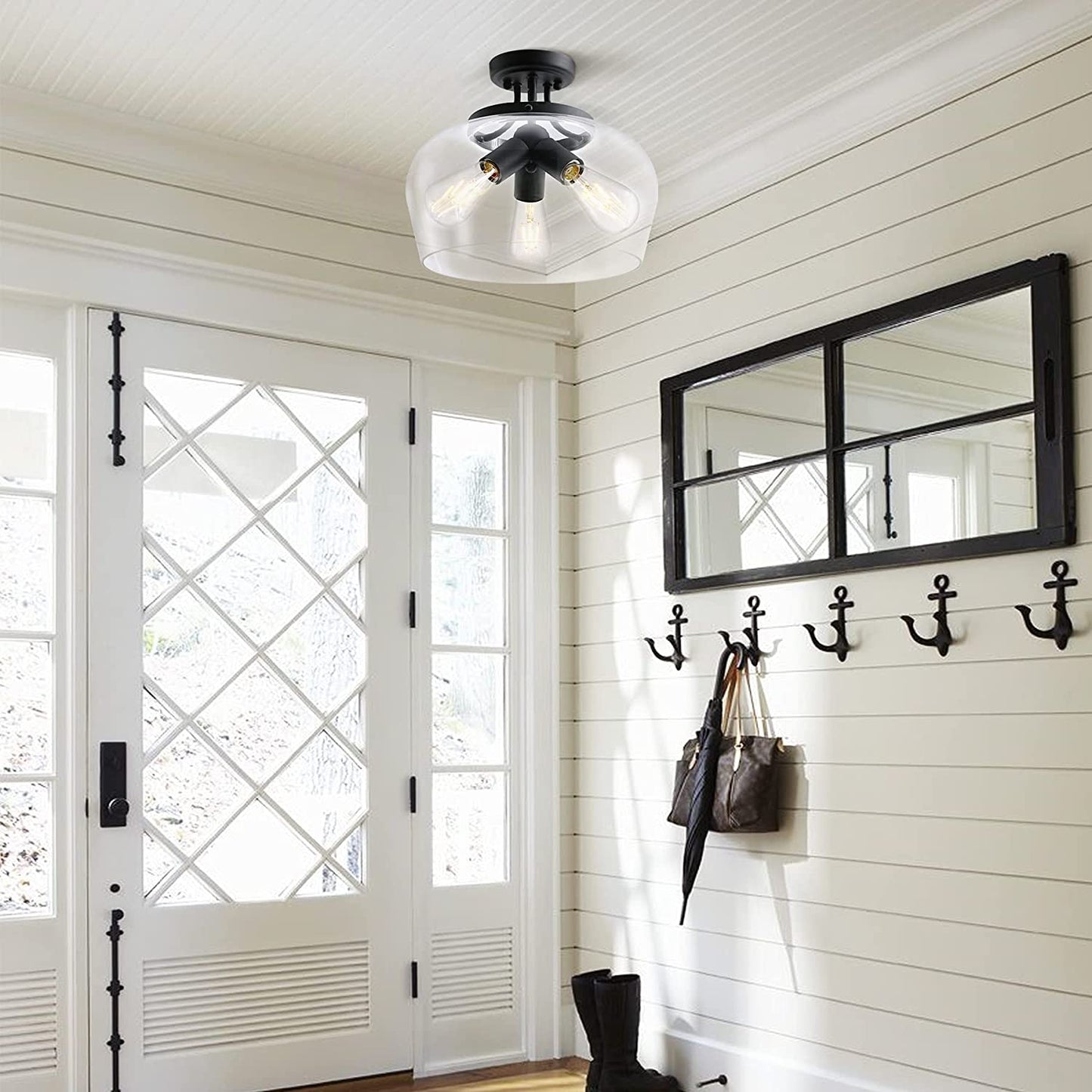 VONLUCE Modern Industrial Clear Glass Shade Ceiling Light Fixture, 3 Bulb Matte Black Semi Flush Mount Ceiling Lighting Fixture for Kitchen Island Dining Table Hallway Living Room Entryway Foyer
