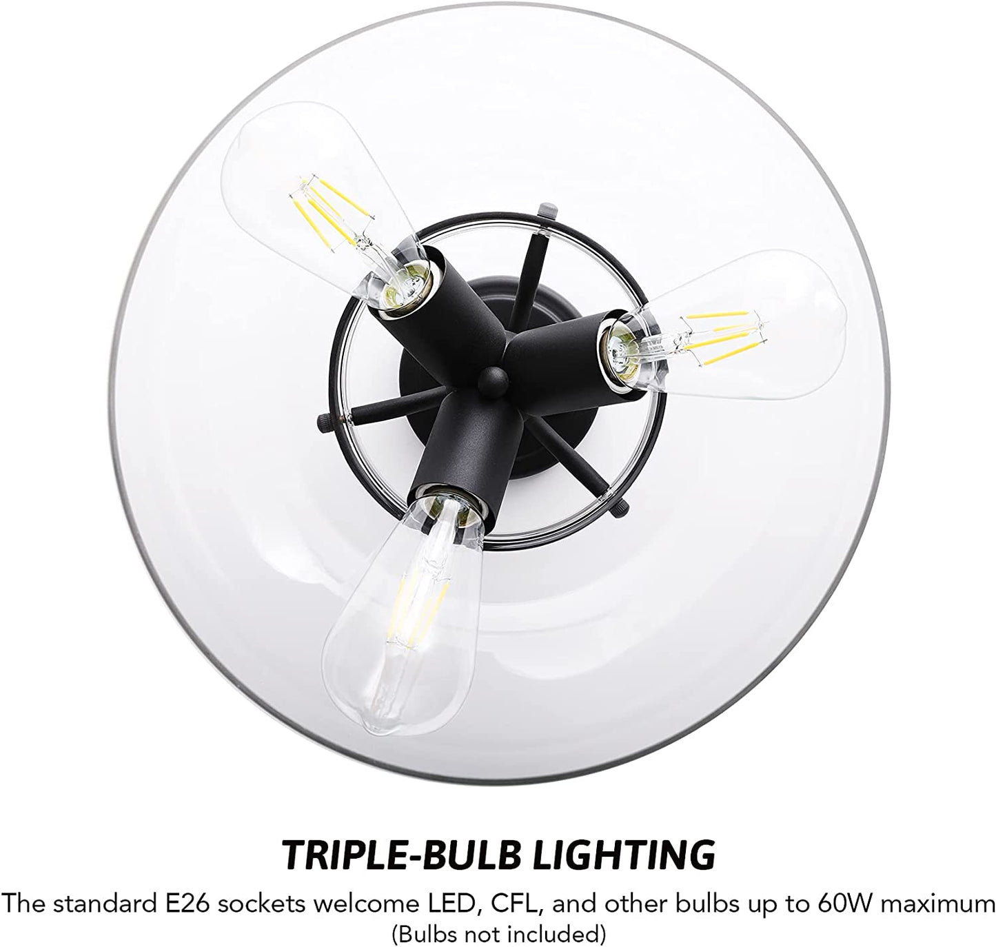 VONLUCE Modern Industrial Clear Glass Shade Ceiling Light Fixture, 3 Bulb Matte Black Semi Flush Mount Ceiling Lighting Fixture for Kitchen Island Dining Table Hallway Living Room Entryway Foyer