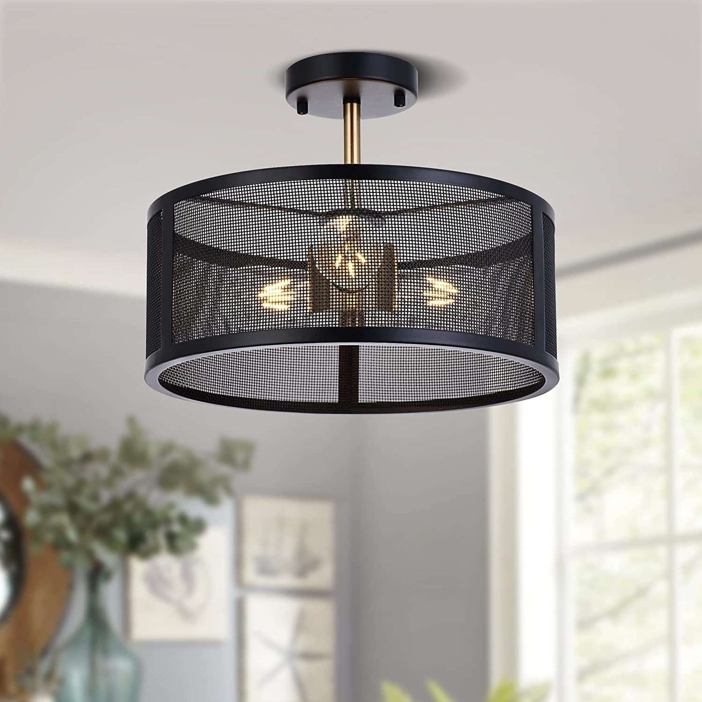 14.2'' Farmhouse Semi Flush Mount Ceiling Light Fixture, 3-Light Industrial Black and Gold Drum Ceiling Light Fixtures Hanging with Metal Cage for Bedroom,Living Room,Foyer,Entryway,Office