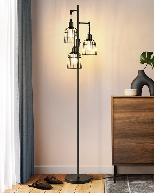 EDISHINE Dimmable Black Farmhouse Floor Lamp with 3 LED Bulbs-HLFL03H