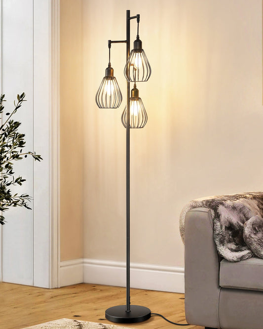 EDISHINE Industrial Floor Lamp with 3 Elegant Teardrop Cage Head (1 Pack)-HLFL03F