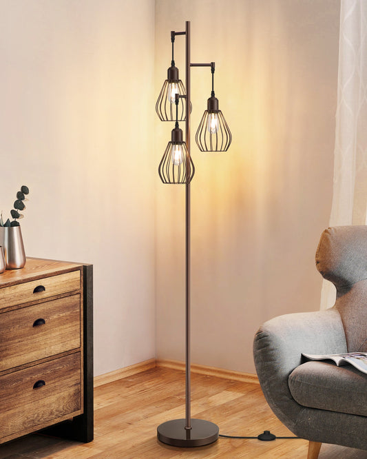 EDISHINE Industrial Tree Floor Lamp with with 3 Elegant Teardrop Cage Head (1 Pack)-HOFL03F