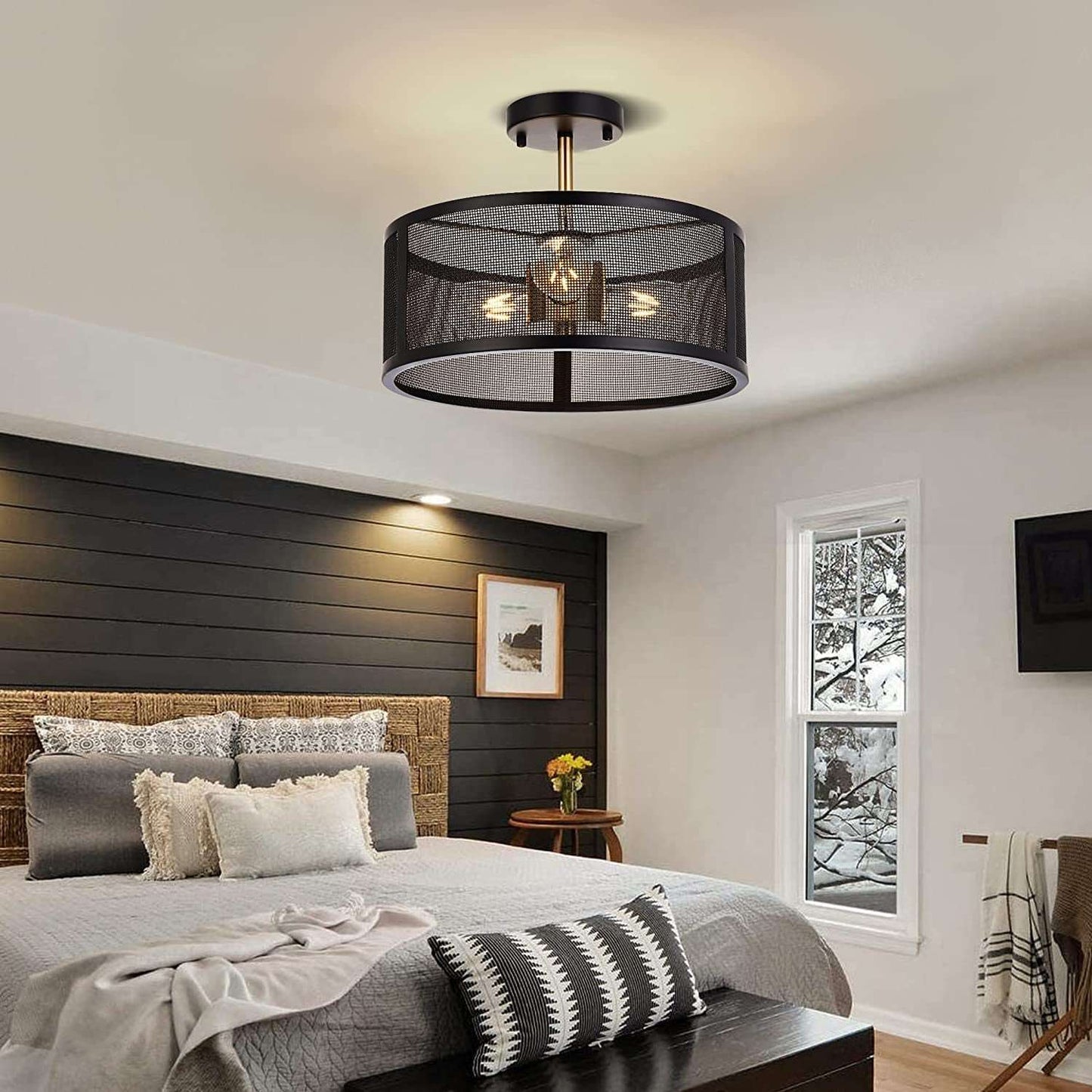 14.2'' Farmhouse Semi Flush Mount Ceiling Light Fixture, 3-Light Industrial Black and Gold Drum Ceiling Light Fixtures Hanging with Metal Cage for Bedroom,Living Room,Foyer,Entryway,Office