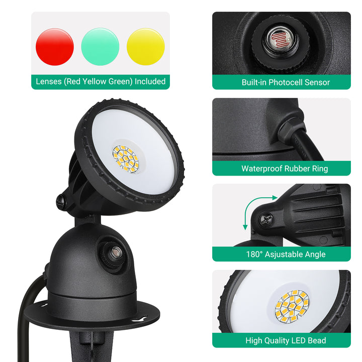 120V LED Spotlight with Dusk to Dawn Light Sensor & 3ft Extension Cord & 3 Lenses (2 Pack)-HGSL04D