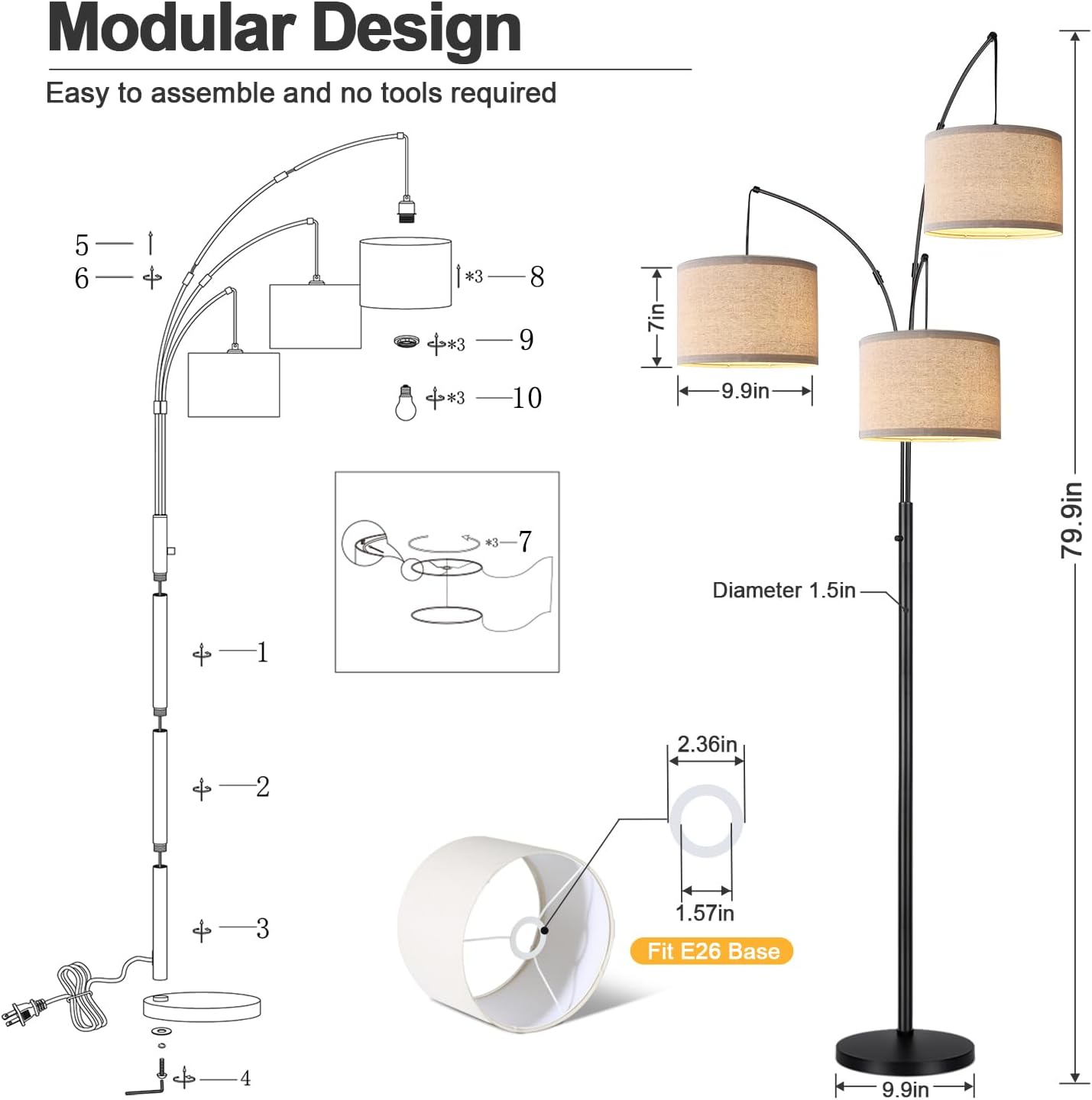 1000LM Modern Tall Standing Lamp with Beige Shades & Heavy Base