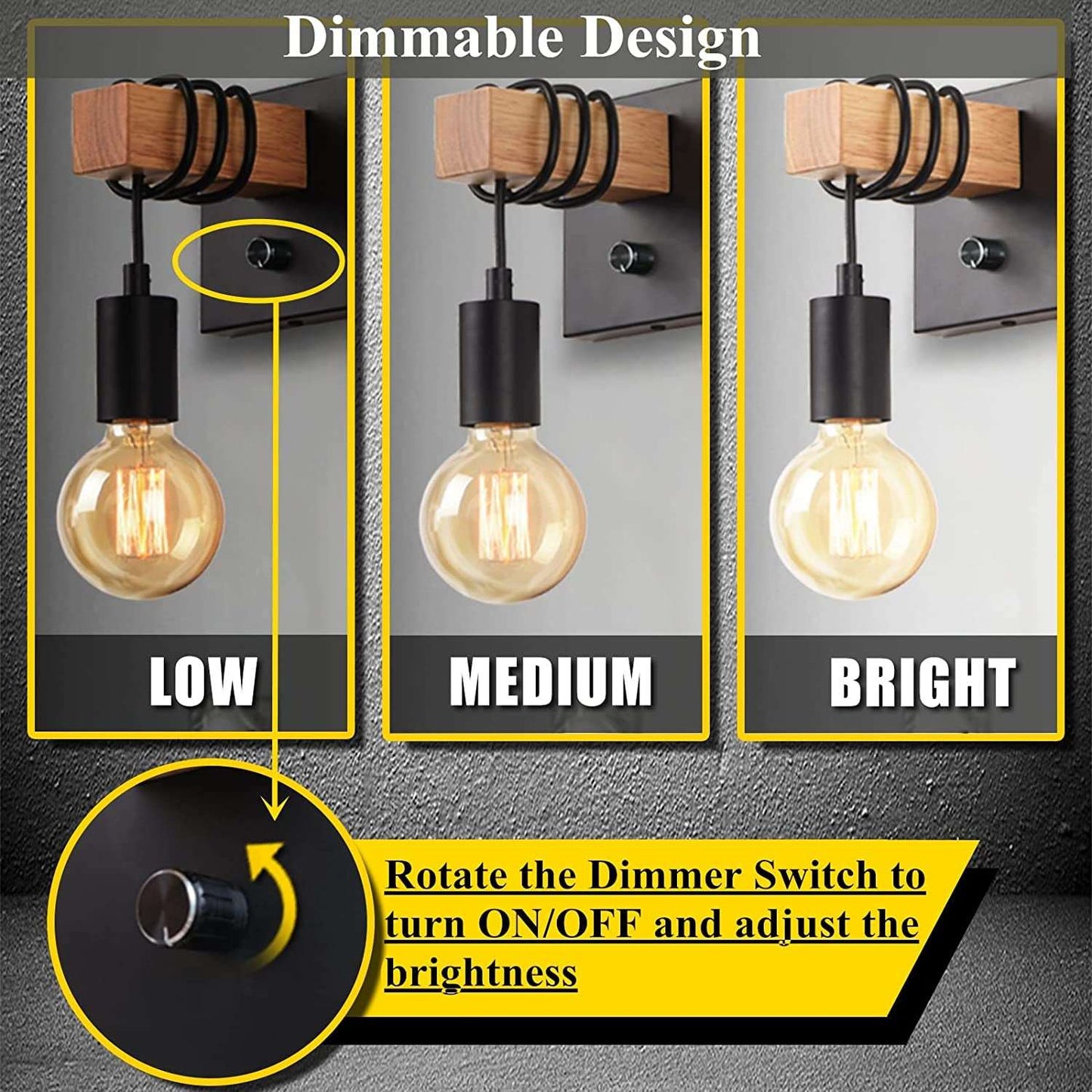 Black Wall Sconces Dimmable, Edison Wall Light with On/Off Dimmer Switch, 1-Light Industrial Farmhouse Wall Lamp for Barn Kitchen, Living Room, LG9928784