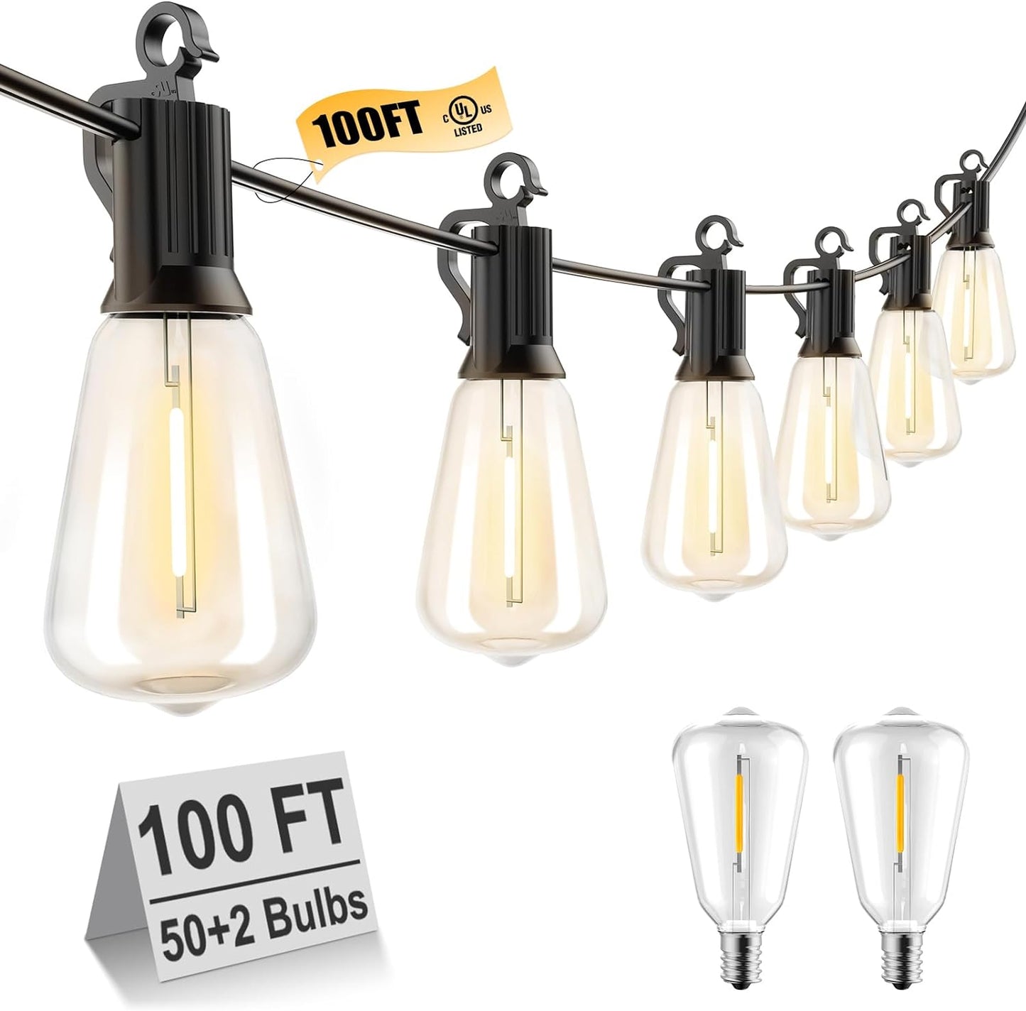 Outdoor String Lights LED 100FT Patio Lights with 52 Shatterproof ST38 Dimmable Vintage Edison Bulbs