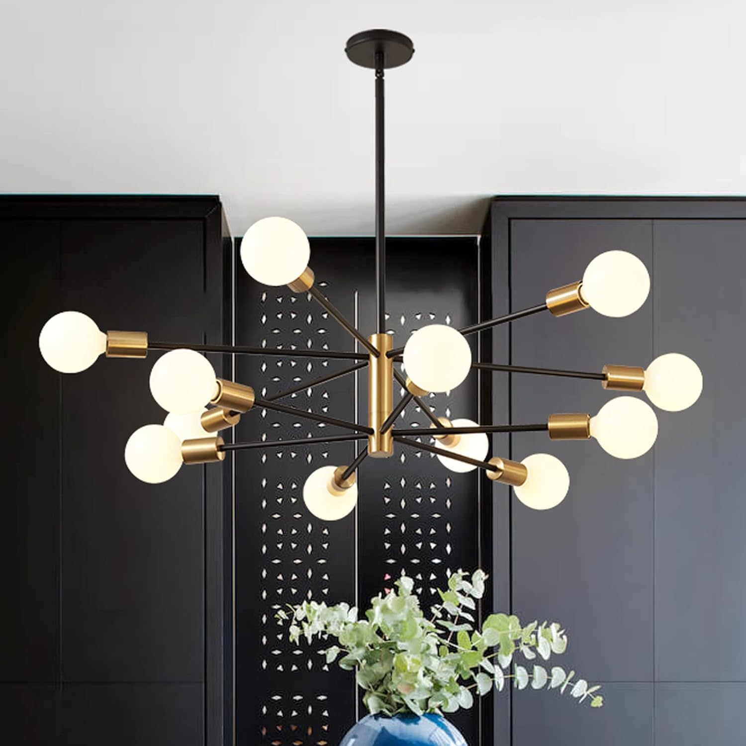 12-Light Gold and Black Farmhouse Sputnik Chandelier