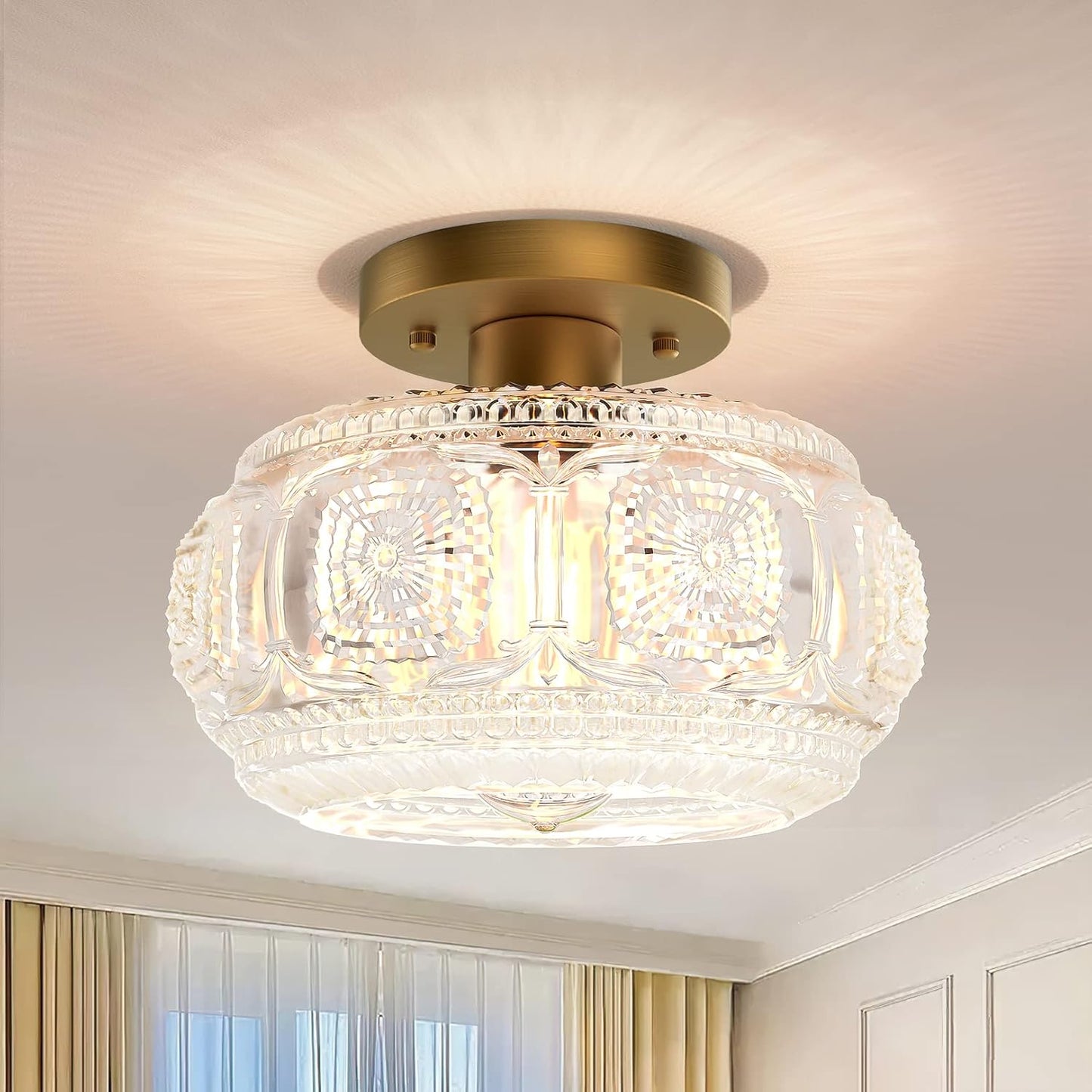 Globe Glass Semi Flush Mount Ceiling Light Fixture, Gold