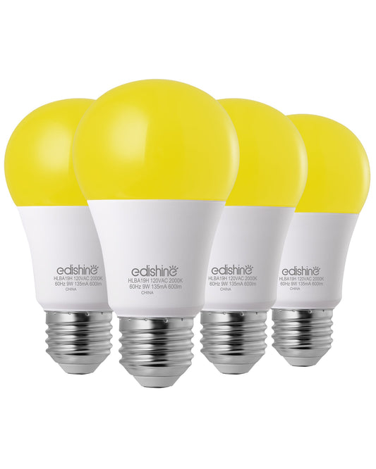 EDISHINE Dusk to Dawn 9W (60W Equivalent) A19 Non-Dimmable Yellow Light Bulb (4 Pack)-HLBA19H