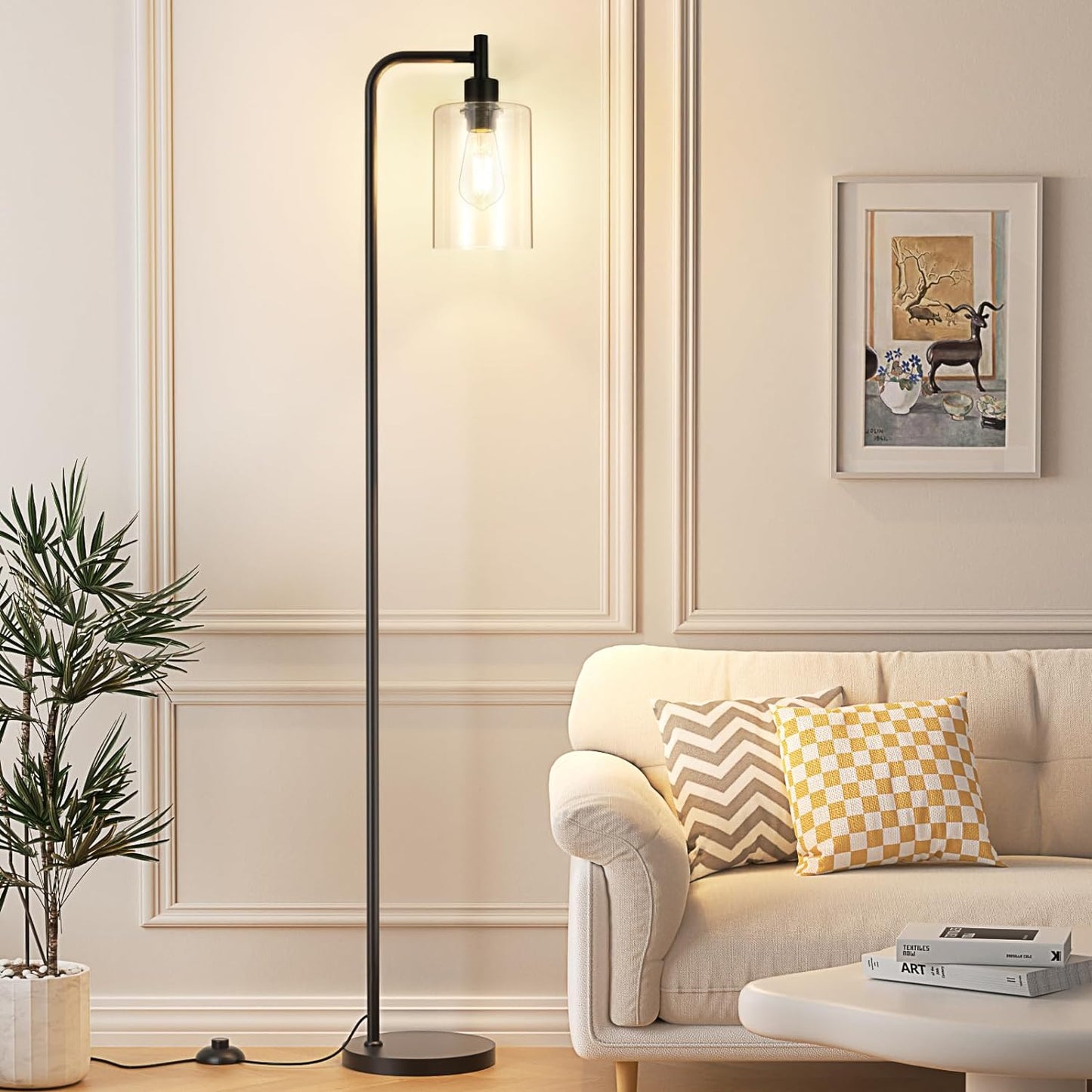 Industrial Floor Lamp with Glass Shade, Black