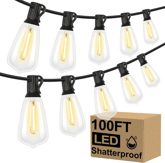 LED Outdoor String Lights 100FT Patio Lights with 52 Shatterproof ST38 Vintage Edison Bulbs