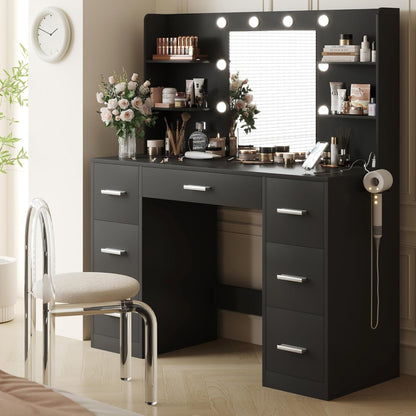 Vanity Desk with Mirror, Power Outlet and 10 Lights, Pure Black