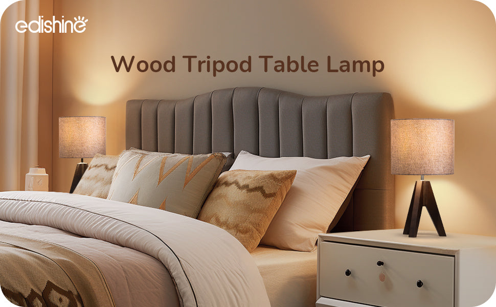 14.2″ Walnut Color Wooden Tripod Table Lamp, 1 Pack-HLTL05R