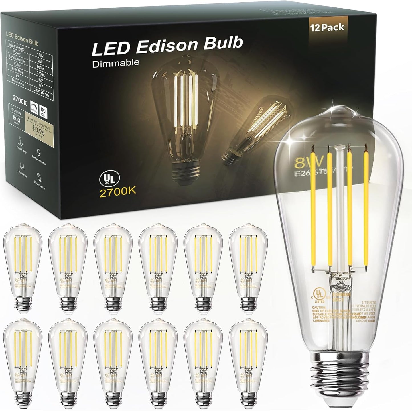 12 Pack Vintage 8W ST58 LED Edison Light Bulbs 60W Equivalent