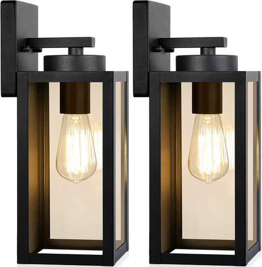 Porch Sconces Wall Mounted Lighting with E26 Sockets & Glass Shades, Matte Black