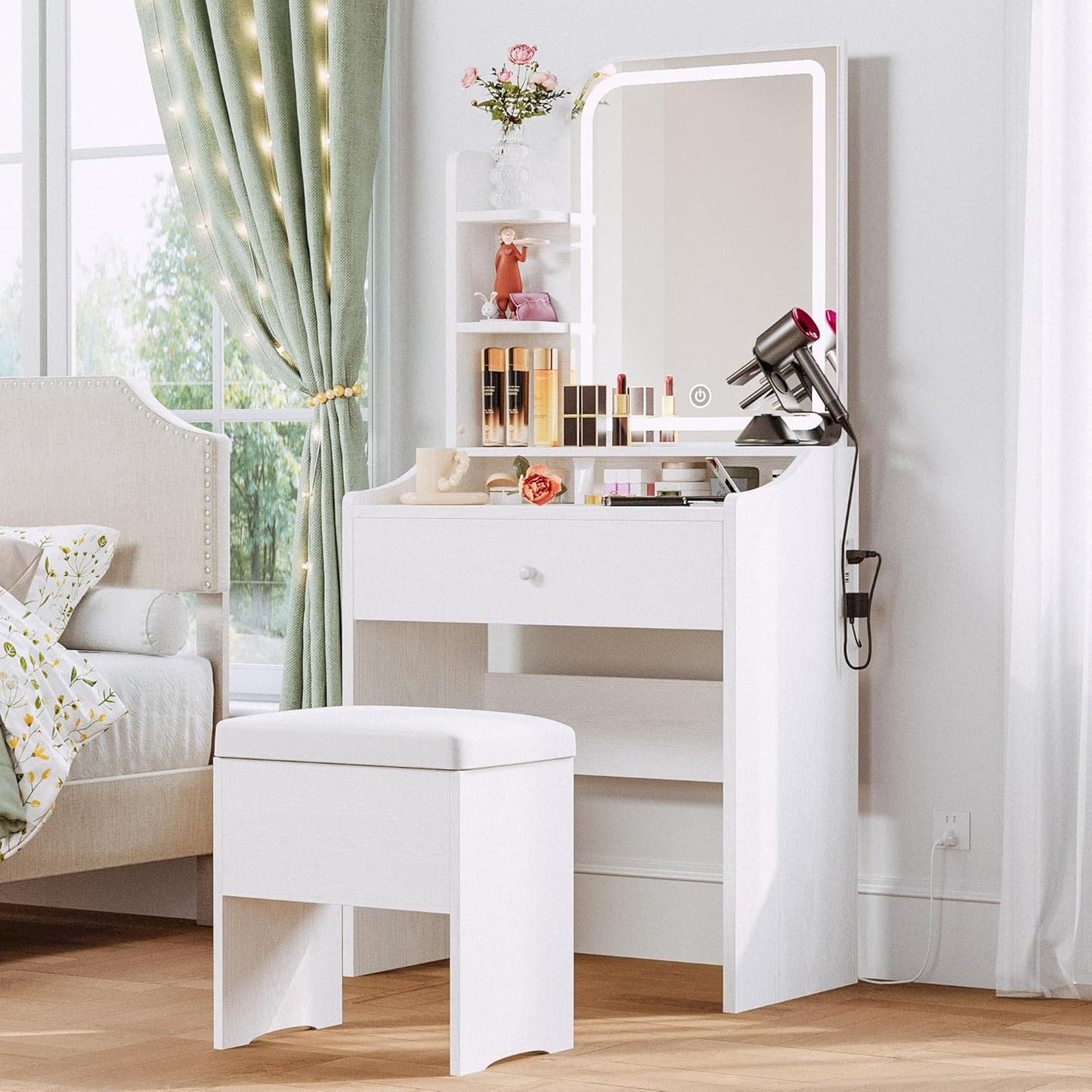 Vanity Table Set with Storage Drawer, Chair and Three Shelves, Bedroom, White