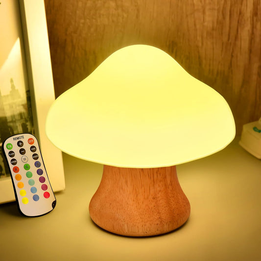 ANGTUO Wooden Mushroom Lamp 16 Color Changing and Dimmable Mushroom Night Light for Kids Adult Adorable Lamp with Two Remotes, Valentine's Day Gifts, White Elephant Gifts theluminousdecor