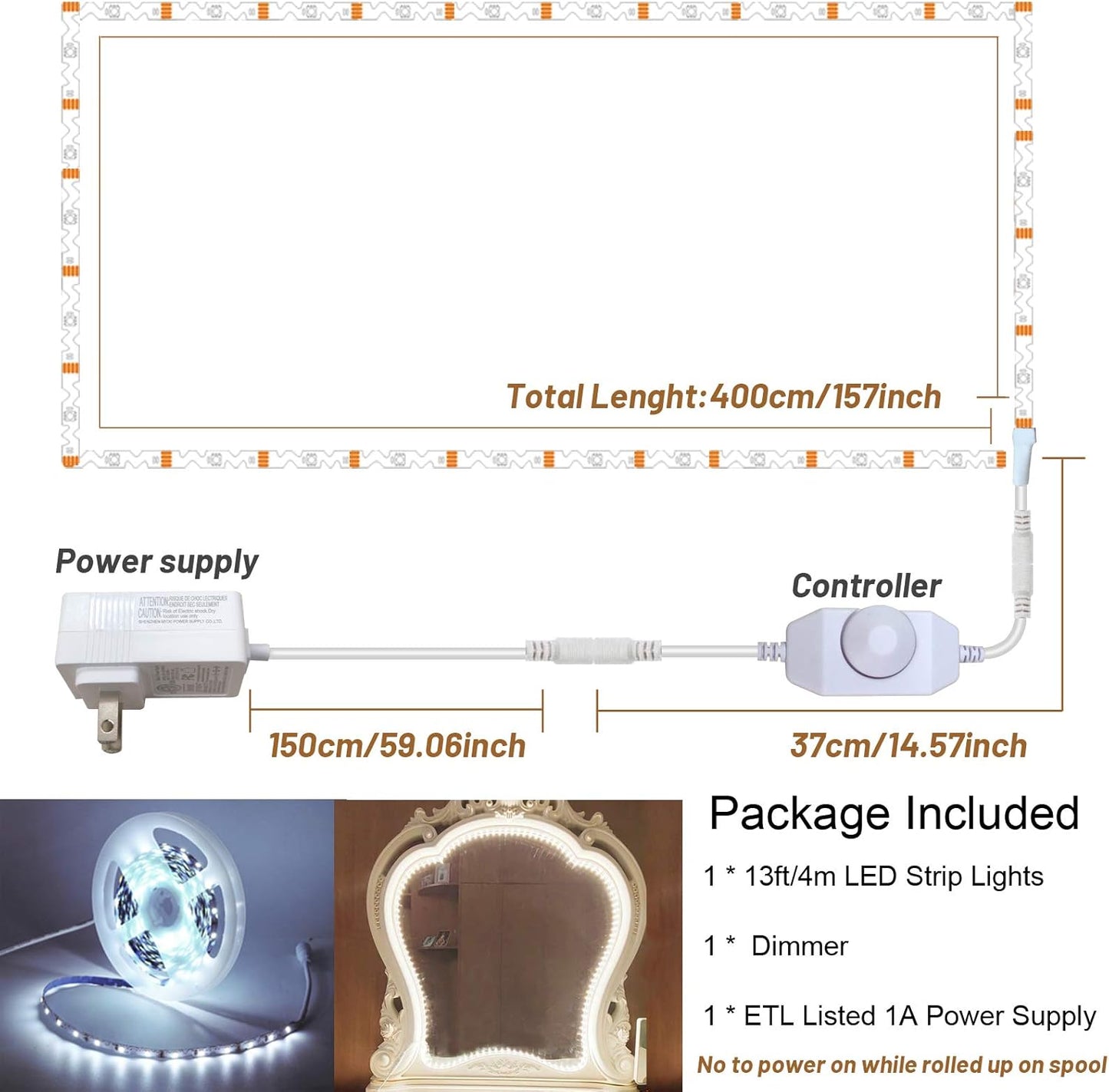 Flexible Strip Lights for Makeup Mirror or Cloakroom with Dimmer and Power Suppl