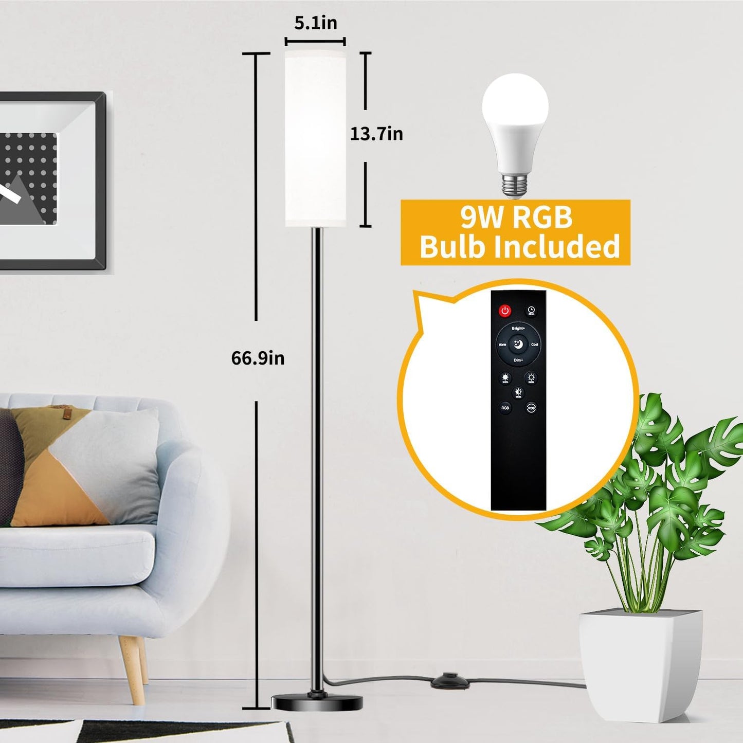 Floor Lamp for Living Room Bedroom,Modern LED Floor Lamp with Remote Control and Stepless Dimmable Colors Temperature & Brightness,Standing Lamps Tall Lamp, 9W Bulb Included(White)