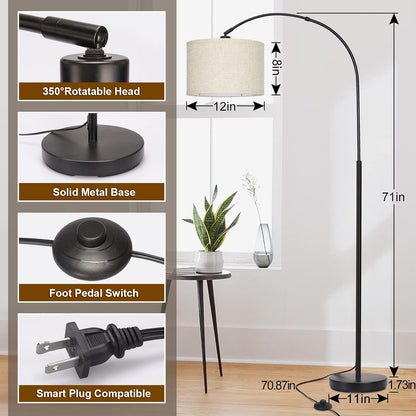 Arc Floor Lamps for Living Room, Modern Standing Lamp with Adjustable Hanging Drum Shade, Tall Pole Lamp with Foot Switch, Over Couch Arched Reading Light for Bedroom, Office (Black)