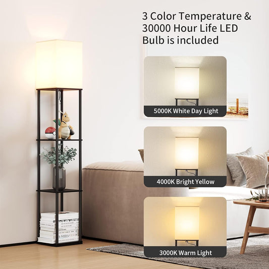 Floor Lamp with Shelves, Modern Square Standing Lamp with 3 Color Temperature Bulb, Corner Display Bookshelf Lamp for Living Room and Bedroom(Black)