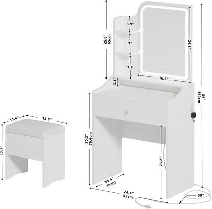 Vanity Table Set with Storage Drawer, Chair and Three Shelves, Bedroom, White